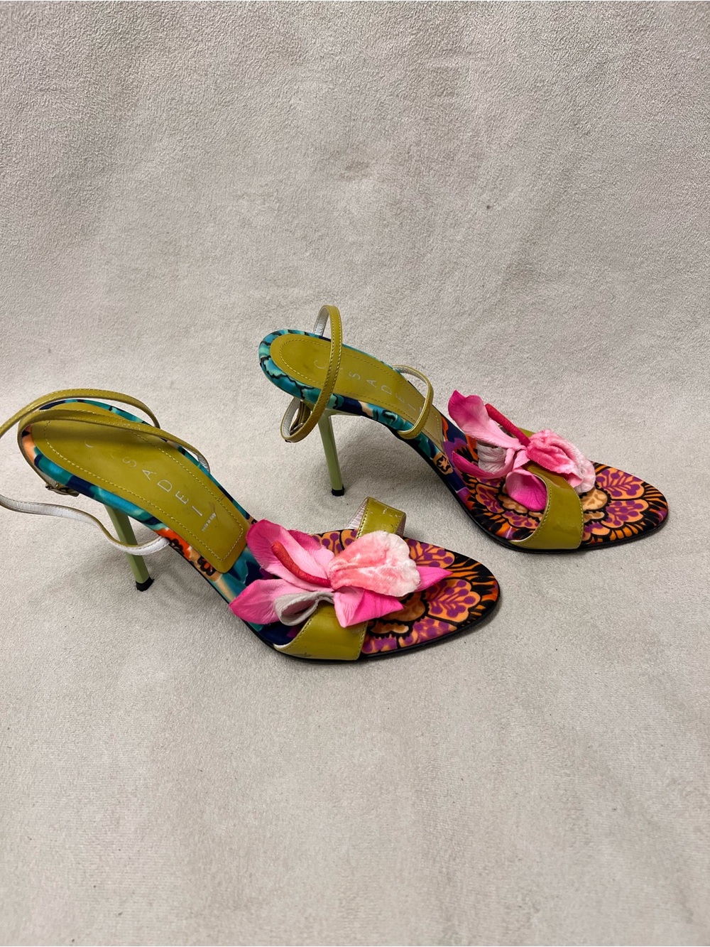 Casedei Vibrant Floral Pink Bow Heeled Sandals - Green Accents